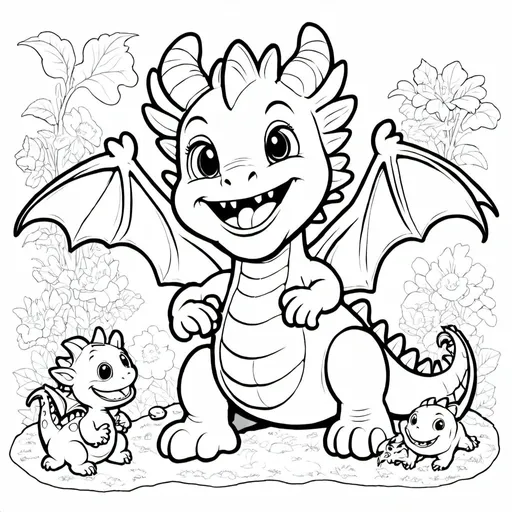 Prompt: a coloring book image of a baby dragon playing with his dragon buddies