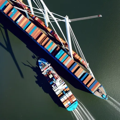 Prompt: Aerial view of a container ship passing beneath a suspension bridge