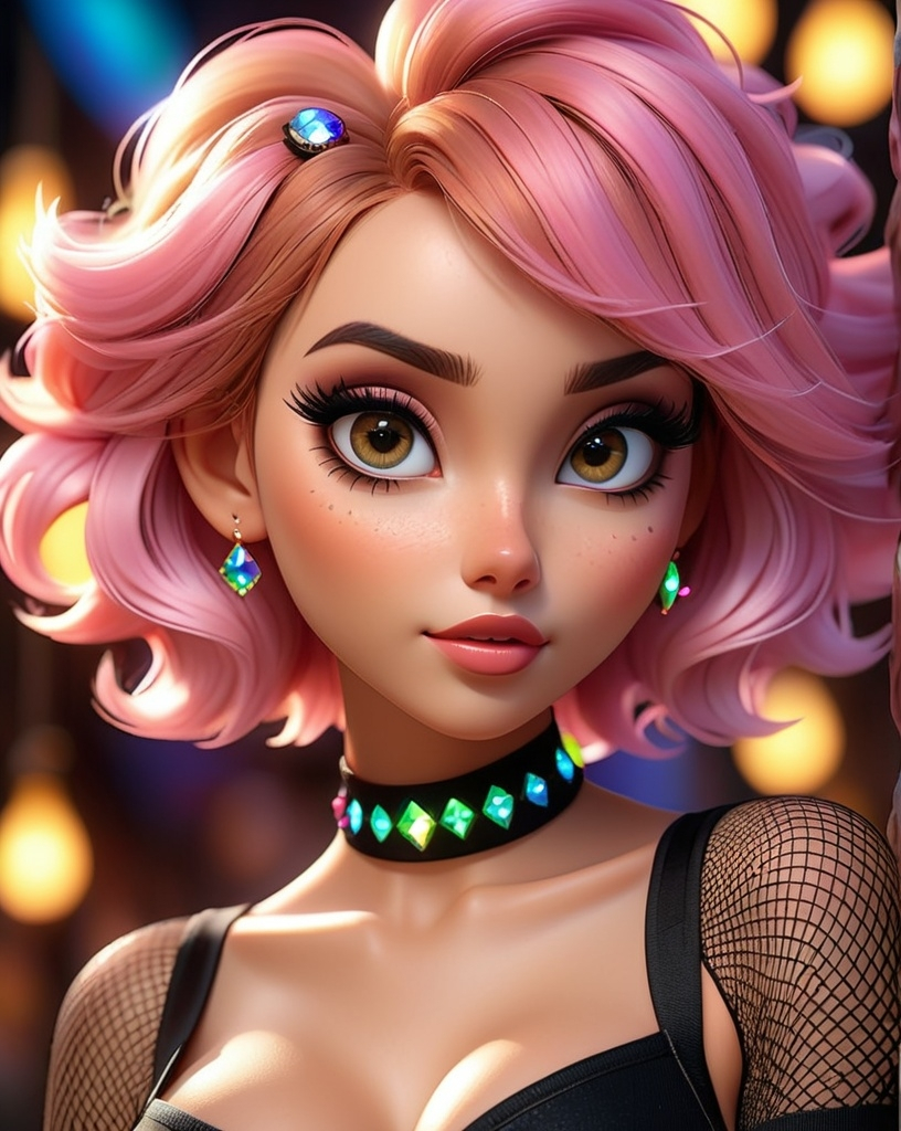 Prompt: Disney-style,intricate details, enchanting atmosphere, high quality, animated,  detailed facial features, magical lighting
mature, large eyes, short messy pink hair, frizzy, brown eyes, fishnets, rave wear tech wear, edgy,, detailed, gems on face, dark makeup, raver hair accessories, glow sticks, bright colors, 8k, soft smile , pretty, gorgeous face, makeup dreamy eyes, glare, realistic, render, 3D, fullbody, strappy clothing, fishnet bodysuit, wolf cut, long bangs,