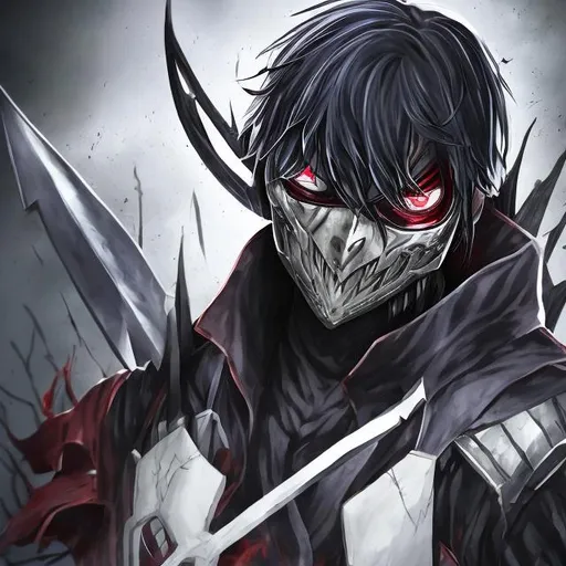 Prompt: zed from leauge of legends with tokyo ghoul mask showing levi face
white and black hair 

