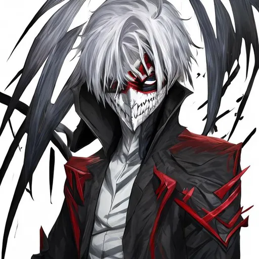 Prompt: zed from leauge of legends with tokyo ghoul mask showing levi face
white and black hair 


