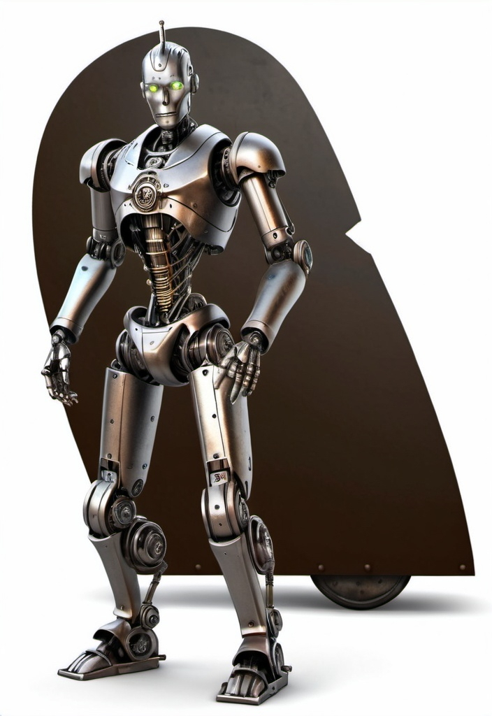 Prompt: hyper-Realistic design, Full body image of robot human-Android design, steampunk hyper detailed strong robot, humanoid body, metallic colors old silver, bronze and Black, standing on Wizard castle gate