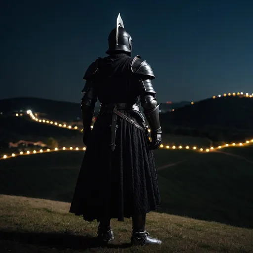 Prompt: black knight facing back from the camera staying still, lonely on hill in the night with lights in front 
