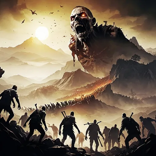 Prompt: dying light theme with horde of zombies climbing mountain 