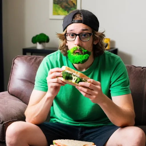 Prompt: stoner sitting on couch eating sandwich full of brocolli