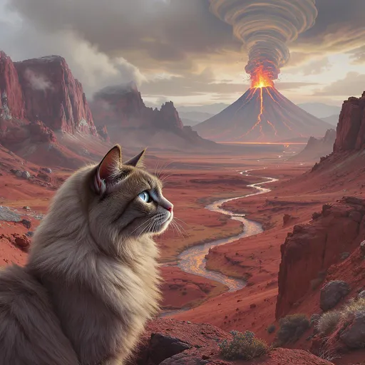 Prompt: A majestic cat with striking blue eyes gazes thoughtfully towards a dramatic landscape, where a winding river cuts through a parched valley. Towering mountains rise in the background, partially obscured by swirling clouds, while the scene starkly contrasts between serene nature and chaotic elements—a distant volcano erupts, spewing smoke and flames. The foreground showcases the cat, its soft fur accentuating the vibrant colors of the sprawling wilderness. The scene’s mood reflects both tranquility and tension, capturing the delicate balance of beauty and destruction in a fantastical environment.