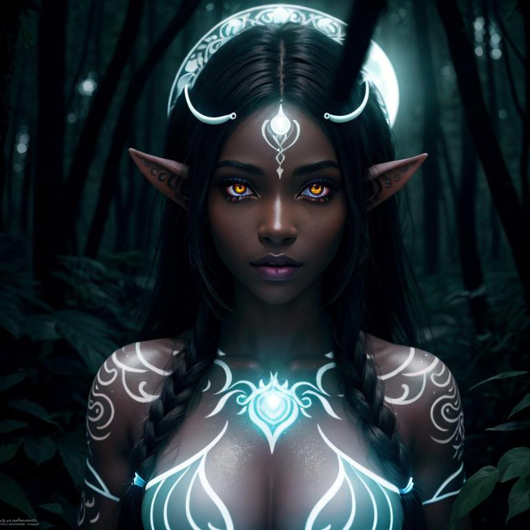 Prompt: Hyperrealistic image of an Elven girl with dark skin and a large chest, her neon white tattoos glowing in the light with glowing white eyes. She is in a forest that the moonlight peers through from the skies, showering her in luminescence. Bright white beautiful colors. Pale white eyes. 8k