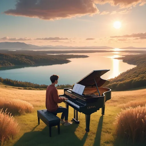 Prompt: person sittning playing piano on an open field with a view over the ocean, some clouds and the sun, toned colors, lofi art style, wide landscape view, professional photography, highres, 4k, ultra-detailed, high quality, scenic countryside, serene lake, majestic mountains, vibrant sunset, professional, detailed foliage, crystal clear water, lush greenery, picturesque, stunning natural beauty, golden hour lighting