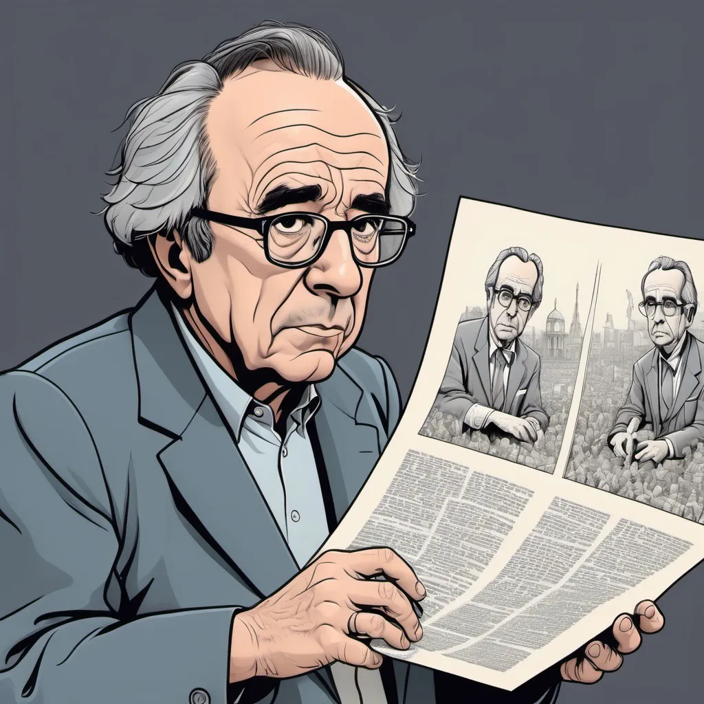 Prompt: Create a cartoon simulacrum depicting Jean Baudrillard and his philosophy