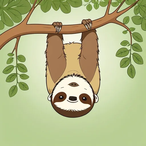 Prompt: Anime illustration of a peaceful sloth, wearing a brown vest and a beige tshirt, simple art style, lush green tree, adorable face with innocent expression, hanging upside down, relaxed posture, cute and endearing, tree branch with vibrant leaves, high quality, simple anime, peaceful, lush green, innocent expression, relaxed posture, adorable, vibrant foliage