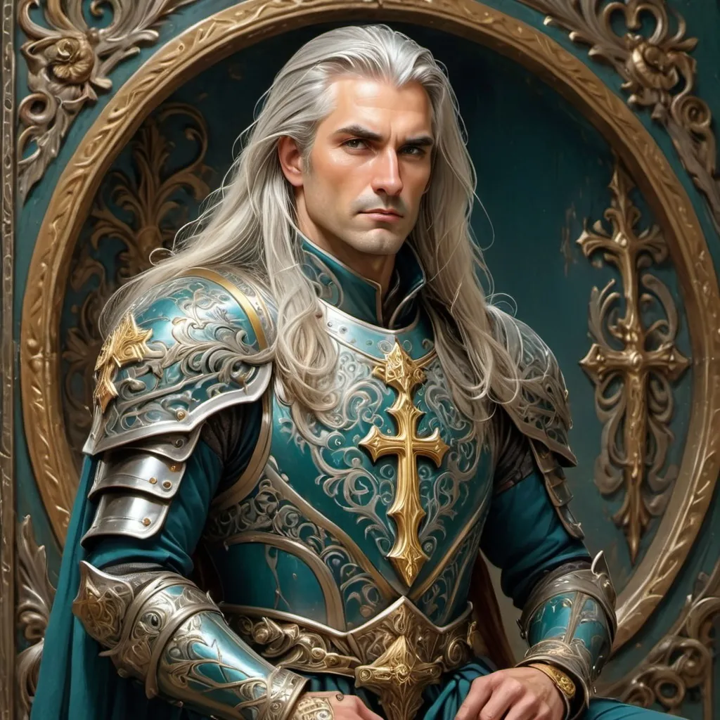 Prompt: A powerful and noble warrior, warrior with long silver hair, exuding wisdom and authority. He wears an ornate suit of armor in rich teal and gold, adorned with intricate filigree patterns and a prominent golden cross at the chest. His expression is stern yet resolute, embodying the strength and honor of a seasoned knight. The background features an elaborate, circular design with floral and mystical motifs, enhancing the regal and divine aura of the portrait. The lighting is dramatic, casting soft highlights on his face and armor, emphasizing depth and detail. The art style is highly detailed, semi-realistic fantasy, reminiscent of digital paintings with a majestic and heroic aesthetic. art nouveau