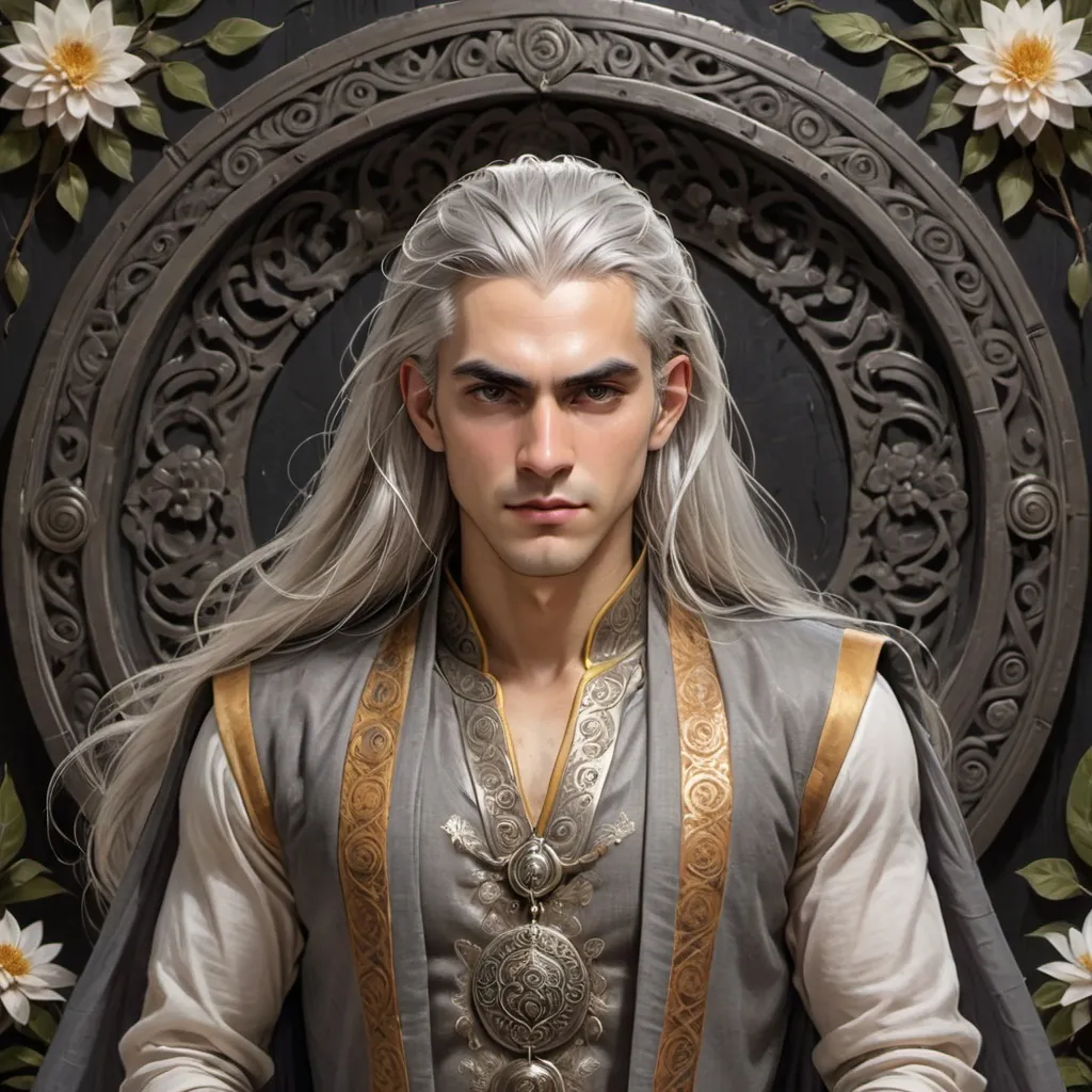 Prompt: A powerful young human with long silver hair, exuding wisdom and authority.  with a clothes fishered, famer cloth. His expression is stern yet resolute, embodying the strength and honor of a seasoned. The background features an elaborate, circular design with floral and mystical motifs, enhancing the regal and divine aura of the portrait. The lighting is dramatic, casting soft highlights on his face, emphasizing depth and detail. The art style is highly detailed, semi-realistic fantasy, reminiscent of digital paintings with a majestic and heroic aesthetic. art nouveau
