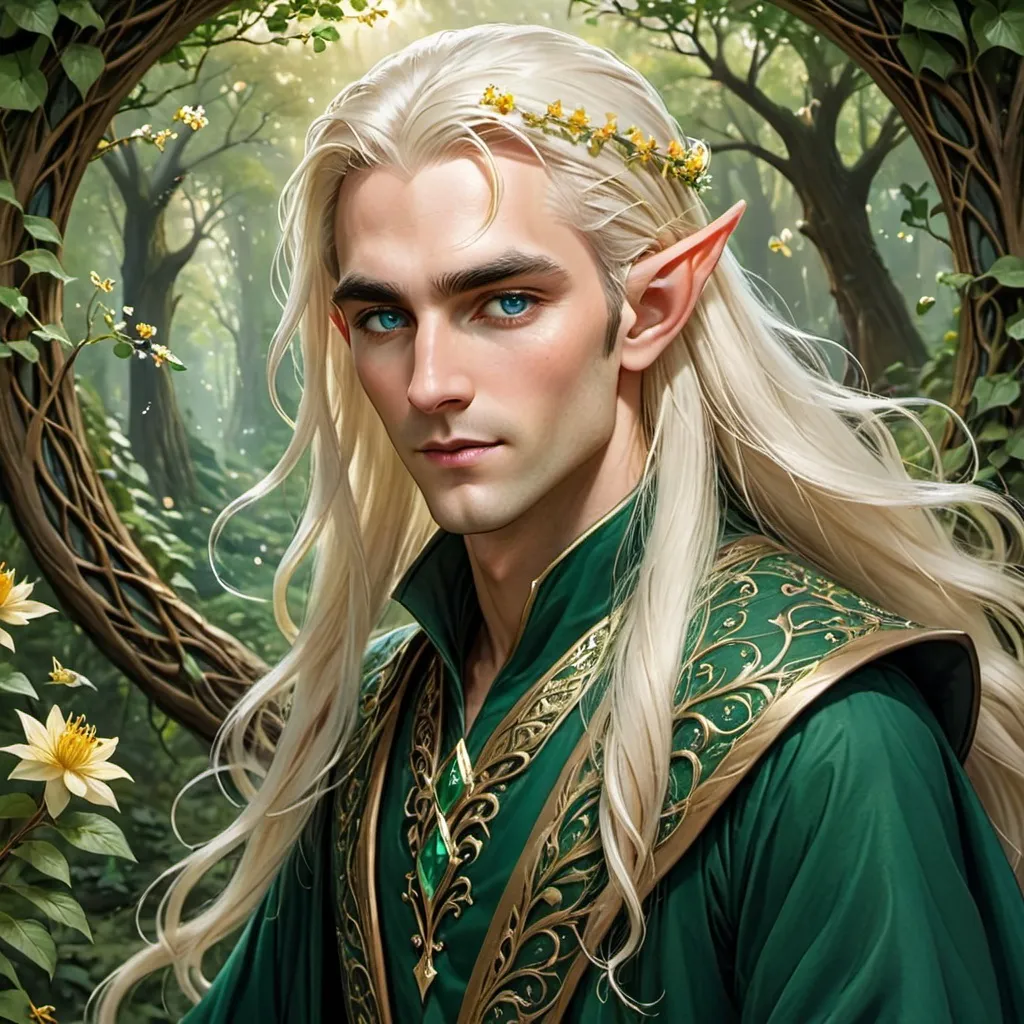 Prompt: A majestic elven prince with long, flowing platinum blonde hair, adorned with golden flowers. His piercing blue eyes gaze with wisdom and serenity. He wears an elegant emerald green robe with intricate golden embroidery, inspired by nature. The background is a lush, enchanted forest with ornate patterns blending into the foliage, evoking a mystical and regal atmosphere. The art style is highly detailed, fantasy-themed, with a blend of realism and ethereal aesthetics.