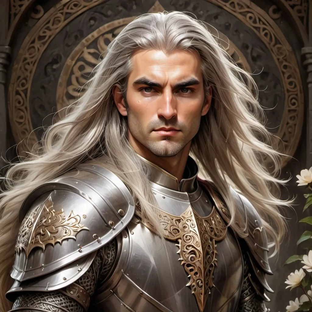 Prompt: A powerful and noble warrior, warrior with long silver hair, exuding wisdom and authority.  His expression is stern yet resolute, embodying the strength and honor of a seasoned knight. The background features an elaborate, circular design with floral and mystical motifs, enhancing the regal and divine aura of the portrait. The lighting is dramatic, casting soft highlights on his face and armor, emphasizing depth and detail. The art style is highly detailed, semi-realistic fantasy, reminiscent of digital paintings with a majestic and heroic aesthetic. art nouveau
