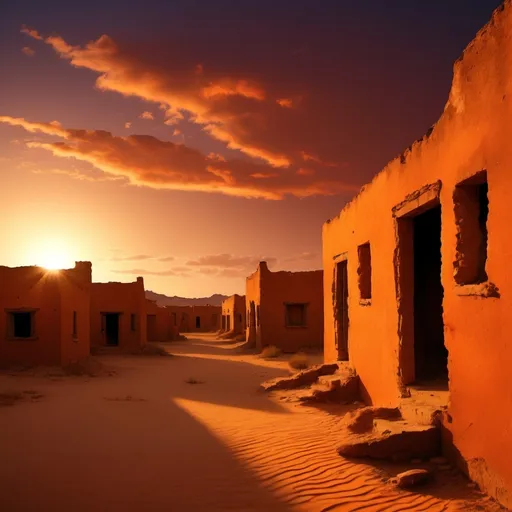 Prompt: Deserted Village at Dusk: A deserted, ancient village in the middle of a vast desert at dusk. The houses are old and crumbling, with sand slowly reclaiming the streets. The sky is a deep orange with the sun setting, casting long shadows across the empty buildings. A sense of eerie silence fills the air.