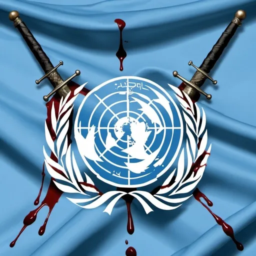 Prompt: Take the beautiful flag of the UN. Now take the Hamas flag with its crossed swords motif. One of the two swords impales a dove sitting on the UN flag. The dove, the sword, and the UN flag are dripping with blood.