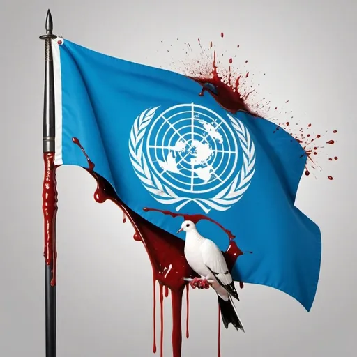 Prompt: Take the beautiful flag of the UN. Now superimpose the crossed swords from the flag of the Muslim Brotherhood. One of the swords impaled the dove from the UN flag and is dripping with blood.