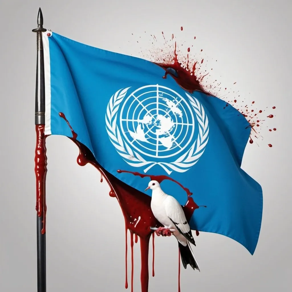 Prompt: Take the beautiful flag of the UN. Now superimpose the crossed swords from the flag of the Muslim Brotherhood. One of the swords impaled the dove from the UN flag and is dripping with blood.