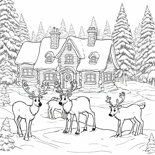 Prompt: Reindeers practicing in snow, in surroundings of santa's house in nort pole