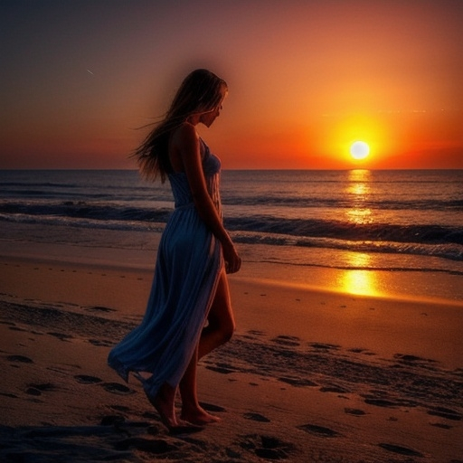 Prompt: magic of night, deepchillout, romantik, girl, sonnenuntergang, strand

