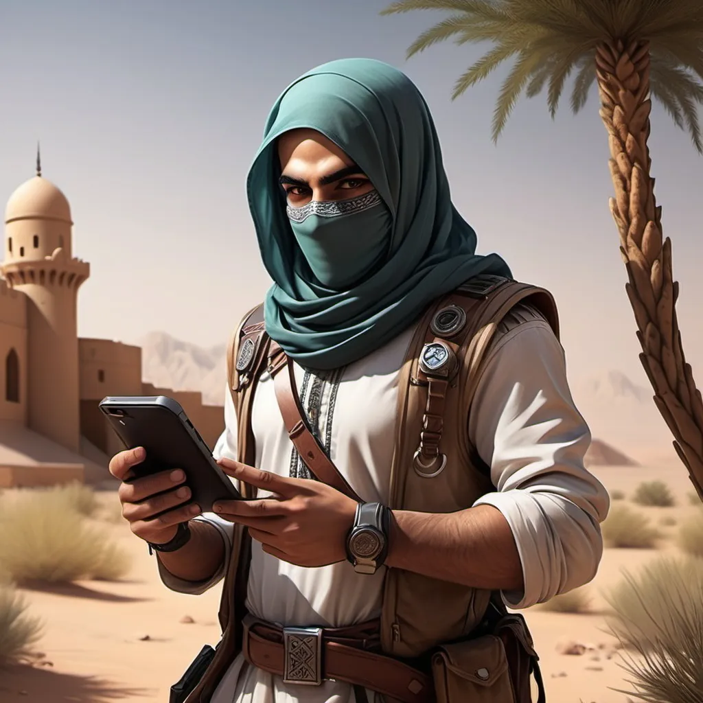 Prompt: create a professional picture for a gaming charecter that is in arabic nature and holding a tech device to fight by, make sure that it can be in RPG games not FPS games