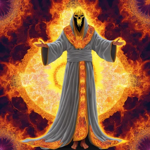 Prompt: robed figure in front of a flaming aura with fractal geometry, in the style of the vajrayana, face covered by a golden mask, flames flow down the length of arms, silver robe contains the same fractal geometry to its golden inlay