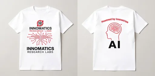 Prompt: A front and back view of a modern white unisex T-shirt lying flat on a neutral background.

Front Design: Centered high on the chest, the official "INNOMATICS RESEARCH LABS" logo (red and black with circuit fan icon), below it a red tech circuit pattern, and just below that, the bold black text "CODE THE FUTURE" placed closer to the circuit, not too low near the hem. The layout should look balanced and visible when worn.

Back Design: A red outline of a human head, the heqd should have only the outlime as red color not the whole head in red with a circuit board pattern inside the brain area and "AI" in the center. Above the head: "Powered by Innovation" in red text. No other text below the head. Clean and minimal tech-themed layout.

Use a trendy and futuristic font. Keep the T-shirt sleeves and sides plain. Ensure sharp contrast and clean high-resolution design.