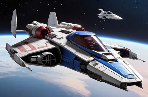 Prompt: (Subaru-inspired Star Wars spacecraft), (snubfighter for rebels or New Republic), large rear wings resembling spoilers, sleek and aerodynamic design, vibrant blue and sakura red tones inspired by WRX STI, futuristic cockpit, space backdrop with distant stars, focused details on wings and contours, high quality, ultra-detailed, dynamic and adventurous atmosphere, blending automotive elements with sci-fi aesthetics, front of fighter with Subaru hood scoop similar to A-wing of Rebel Alliance, looks sleek and quick