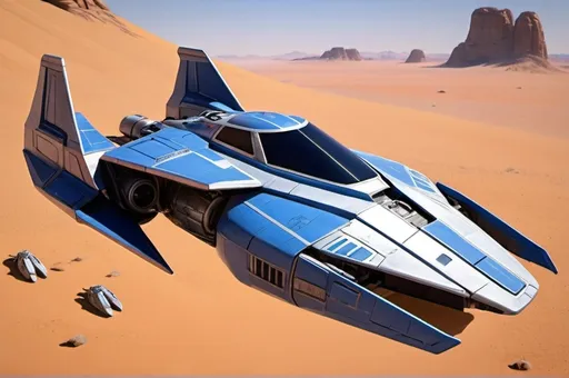 Prompt: (Subaru-inspired Star Wars spacecraft), (snubfighter for rebels or New Republic), large rear wings resembling spoilers, sleek and aerodynamic design, vibrant blue tones inspired by BRZ and GR86, futuristic cockpit, space backdrop with distant stars, focused details on wings and contours, high quality, ultra-detailed, dynamic and adventurous atmosphere, blending automotive elements with sci-fi aesthetics, front of fighter with Subaru hood scoop similar to A-wing of Rebel Alliance, looks sleek and quick