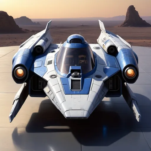 Prompt: (Subaru-inspired Star Wars spacecraft), (snubfighter for rebels or New Republic), large rear wings resembling spoilers, sleek and aerodynamic design, vibrant blue tones inspired by WRX, futuristic cockpit, space backdrop with distant stars, focused details on wings and contours, high quality, ultra-detailed, dynamic and adventurous atmosphere, blending automotive elements with sci-fi aesthetics, front of fighter with Subaru hood scoop similar to A-wing of Rebel Alliance, looks sleek and quick