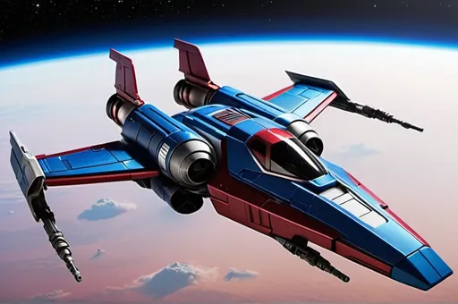 Prompt: (Subaru-inspired Star Wars spacecraft), (snubfighter for rebels or New Republic), large rear wings resembling spoilers, sleek and aerodynamic design, vibrant blue and cherry tones inspired by WRX STI, futuristic cockpit, space backdrop with distant stars, focused details on wings and contours, high quality, ultra-detailed, dynamic and adventurous atmosphere, blending automotive elements with sci-fi aesthetics, front of fighter with Subaru hood scoop similar to A-wing of Rebel Alliance, looks sleek and quick