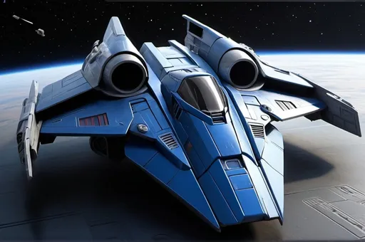 Prompt: (Subaru-inspired Star Wars spacecraft), (snubfighter for rebels or New Republic), large rear wings resembling spoilers, sleek and aerodynamic design, vibrant blue tones inspired by WRX, futuristic cockpit, space backdrop with distant stars, focused details on wings and contours, high quality, ultra-detailed, dynamic and adventurous atmosphere, blending automotive elements with sci-fi aesthetics, front of fighter with Subaru hood scoop similar to A-wing of Rebel Alliance, looks sleek and quick