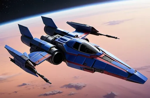 Prompt: (Subaru-inspired Star Wars spacecraft), (snubfighter for rebels or New Republic), large rear wings resembling spoilers, sleek and aerodynamic design, vibrant blue and sakura red tones inspired by WRX STI, futuristic cockpit, space backdrop with distant stars, focused details on wings and contours, high quality, ultra-detailed, dynamic and adventurous atmosphere, blending automotive elements with sci-fi aesthetics, front of fighter with Subaru hood scoop similar to A-wing of Rebel Alliance, looks sleek and quick