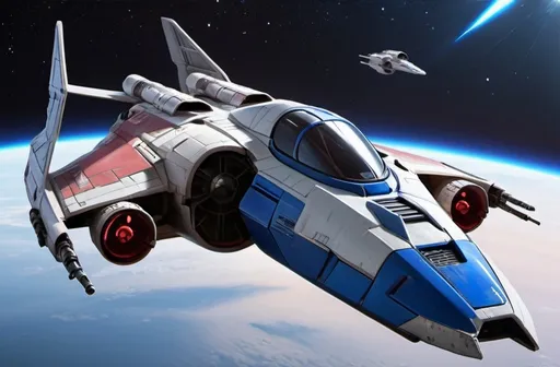 Prompt: (Subaru-inspired Star Wars spacecraft), (snubfighter for rebels or New Republic), large rear wings resembling spoilers, sleek and aerodynamic design, vibrant blue and sakura red tones inspired by WRX STI, futuristic cockpit, space backdrop with distant stars, focused details on wings and contours, high quality, ultra-detailed, dynamic and adventurous atmosphere, blending automotive elements with sci-fi aesthetics, front of fighter with Subaru hood scoop similar to A-wing of Rebel Alliance, looks sleek and quick