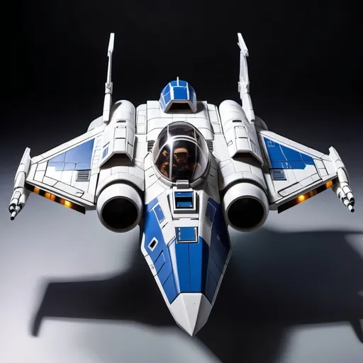 Prompt: (Subaru-inspired Star Wars spacecraft), (snubfighter for rebels or New Republic), large rear wings resembling spoilers, sleek and aerodynamic design, vibrant blue tones inspired by WRX, futuristic cockpit, space backdrop with distant stars, focused details on wings and contours, high quality, ultra-detailed, dynamic and adventurous atmosphere, blending automotive elements with sci-fi aesthetics, front of fighter with Subaru hood scoop similar to A-wing of Rebel Alliance, looks sleek and quick