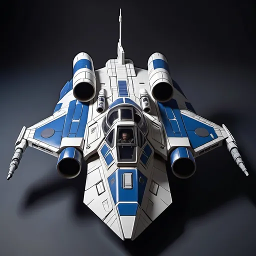 Prompt: Subaru-inspired Star Wars starfighter for rebel alliance, large rear wings, sleek and aerodynamic design, vibrant blue tones inspired by WRX, futuristic cockpit, space backdrop with distant stars, focused details on wings and contours, high quality, ultra-detailed, dynamic and adventurous atmosphere, blending automotive elements with sci-fi aesthetics, front of fighter with Subaru hood scoop inspired by WRX, similar profile to A-wing of Rebel Alliance, looks sleek and quick, very simple minimalist and clean look