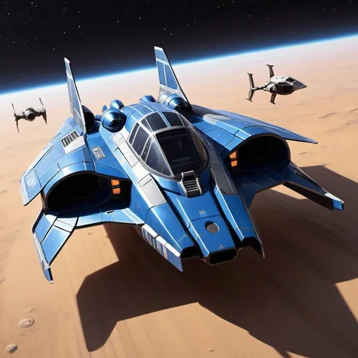 Prompt: (Subaru-inspired Star Wars spacecraft), (snubfighter for rebels or New Republic), large rear wings resembling spoilers, sleek and aerodynamic design, vibrant blue tones inspired by WRX, futuristic cockpit, space backdrop with distant stars, focused details on wings and contours, high quality, ultra-detailed, dynamic and adventurous atmosphere, blending automotive elements with sci-fi aesthetics, front of fighter with Subaru hood scoop similar to A-wing of Rebel Alliance, looks sleek and quick