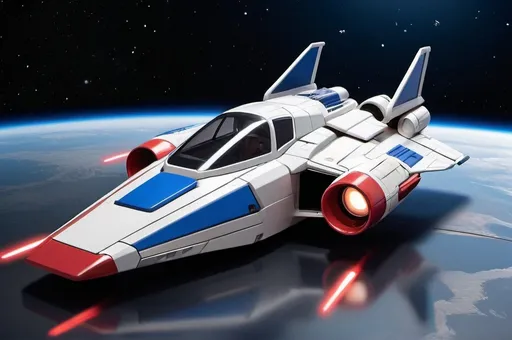 Prompt: (Subaru-inspired Star Wars spacecraft), (snubfighter for rebels or New Republic), large rear wings resembling spoilers, sleek and aerodynamic design, vibrant blue and cherry tones inspired by WRX STI, futuristic cockpit, space backdrop with distant stars, focused details on wings and contours, high quality, ultra-detailed, dynamic and adventurous atmosphere, blending automotive elements with sci-fi aesthetics, front of fighter with Subaru hood scoop similar to A-wing of Rebel Alliance, looks sleek and quick