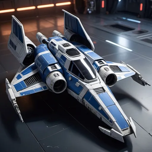 Prompt: (Subaru-inspired Star Wars spacecraft), (snubfighter for rebels or New Republic), large rear wings resembling spoilers, sleek and aerodynamic design, vibrant blue tones inspired by WRX, futuristic cockpit, space backdrop with distant stars, focused details on wings and contours, high quality, ultra-detailed, dynamic and adventurous atmosphere, blending automotive elements with sci-fi aesthetics, front of fighter with Subaru hood scoop similar to A-wing of Rebel Alliance, looks sleek and quick