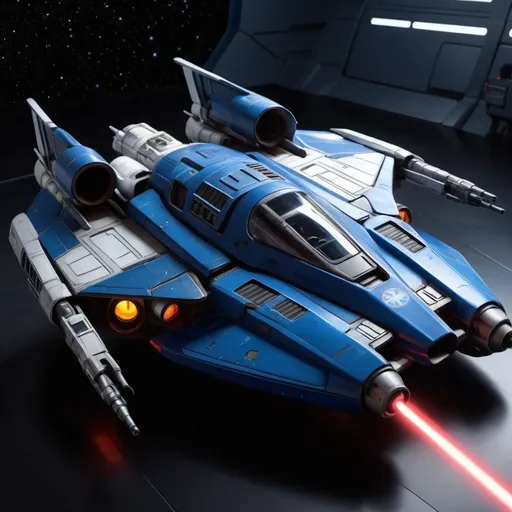 Prompt: (Subaru-inspired Star Wars spacecraft), (snubfighter for rebels or New Republic), large rear wings resembling spoilers, sleek and aerodynamic design, vibrant blue tones inspired by WRX, futuristic cockpit, space backdrop with distant stars, focused details on wings and contours, high quality, ultra-detailed, dynamic and adventurous atmosphere, blending automotive elements with sci-fi aesthetics, front of fighter with Subaru hood scoop similar to A-wing of Rebel Alliance, looks sleek and quick