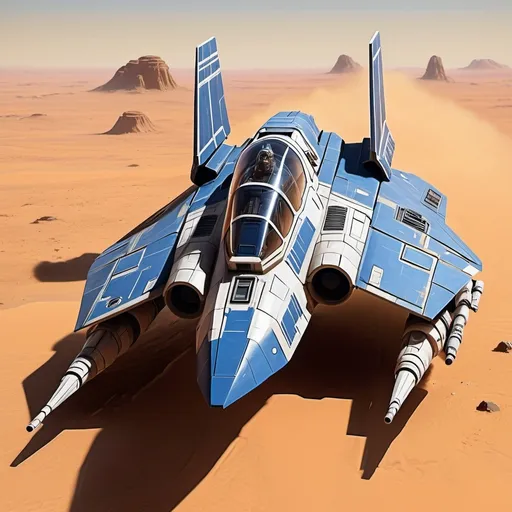 Prompt: (Subaru-inspired Star Wars spacecraft), (snubfighter for rebels or New Republic), large rear wings resembling spoilers, sleek and aerodynamic design, vibrant blue tones inspired by WRX, futuristic cockpit, space backdrop with distant stars, focused details on wings and contours, high quality, ultra-detailed, dynamic and adventurous atmosphere, blending automotive elements with sci-fi aesthetics, front of fighter with Subaru hood scoop similar to A-wing of Rebel Alliance, looks sleek and quick, more rugged and worn out and heavily modified 