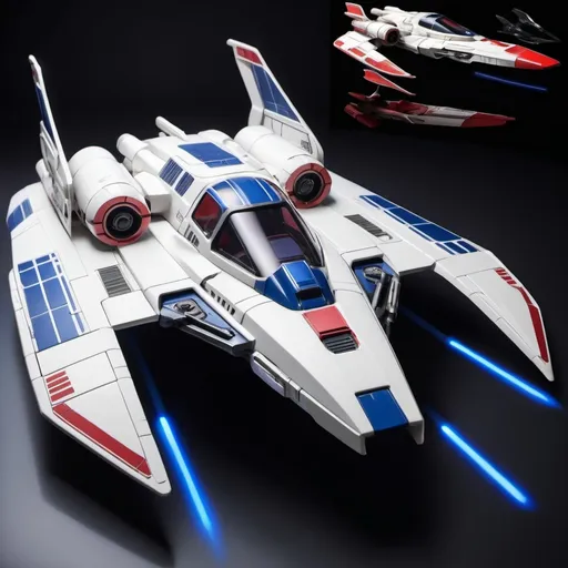 Prompt: (Subaru-inspired Star Wars spacecraft), (snubfighter for rebels or New Republic), large rear wings resembling spoilers, sleek and aerodynamic design, vibrant blue and sakura red tones inspired by WRX STI, futuristic cockpit, space backdrop with distant stars, focused details on wings and contours, high quality, ultra-detailed, dynamic and adventurous atmosphere, blending automotive elements with sci-fi aesthetics, front of fighter with Subaru hood scoop similar to A-wing of Rebel Alliance, looks sleek and quick