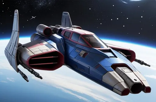 Prompt: (Subaru-inspired Star Wars spacecraft), (snubfighter for rebels or New Republic), large rear wings resembling spoilers, sleek and aerodynamic design, vibrant blue and sakura red tones inspired by WRX STI, futuristic cockpit, space backdrop with distant stars, focused details on wings and contours, high quality, ultra-detailed, dynamic and adventurous atmosphere, blending automotive elements with sci-fi aesthetics, front of fighter with Subaru hood scoop similar to A-wing of Rebel Alliance, looks sleek and quick