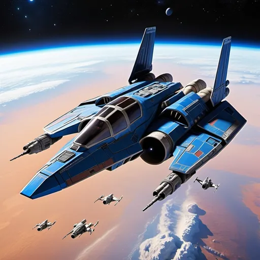 Prompt: (Subaru-inspired Star Wars spacecraft), (snubfighter for rebels or New Republic), large rear wings resembling spoilers, sleek and aerodynamic design, vibrant blue tones inspired by WRX, futuristic cockpit, space backdrop with distant stars, focused details on wings and contours, high quality, ultra-detailed, dynamic and adventurous atmosphere, blending automotive elements with sci-fi aesthetics, front of fighter with Subaru hood scoop similar to A-wing of Rebel Alliance 