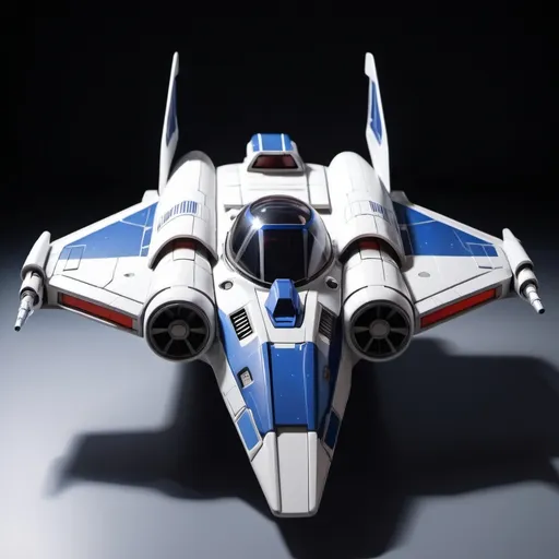 Prompt: (Subaru-inspired Star Wars spacecraft), (snubfighter for rebels or New Republic), large rear wings resembling spoilers, sleek and aerodynamic design, vibrant blue and sakura red tones inspired by WRX STI, futuristic cockpit, space backdrop with distant stars, focused details on wings and contours, high quality, ultra-detailed, dynamic and adventurous atmosphere, blending automotive elements with sci-fi aesthetics, front of fighter with Subaru hood scoop similar to A-wing of Rebel Alliance, looks sleek and quick