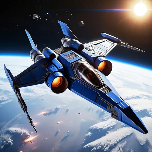 Prompt: (Subaru-inspired Star Wars spacecraft), (snubfighter for rebels or New Republic), large rear wings resembling spoilers, sleek and aerodynamic design, vibrant blue tones inspired by WRX, futuristic cockpit, space backdrop with distant stars, focused details on wings and contours, high quality, ultra-detailed, dynamic and adventurous atmosphere, blending automotive elements with sci-fi aesthetics.