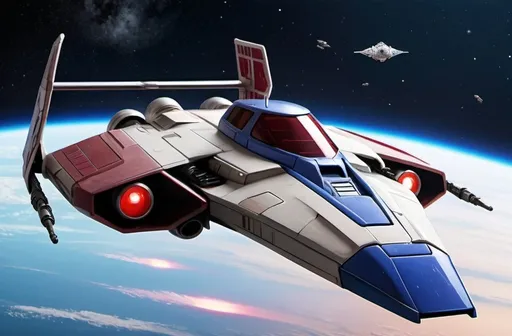 Prompt: (Subaru-inspired Star Wars spacecraft), (snubfighter for rebels or New Republic), large rear wings resembling spoilers, sleek and aerodynamic design, vibrant blue and sakura red tones inspired by WRX STI, futuristic cockpit, space backdrop with distant stars, focused details on wings and contours, high quality, ultra-detailed, dynamic and adventurous atmosphere, blending automotive elements with sci-fi aesthetics, front of fighter with Subaru hood scoop similar to A-wing of Rebel Alliance, looks sleek and quick