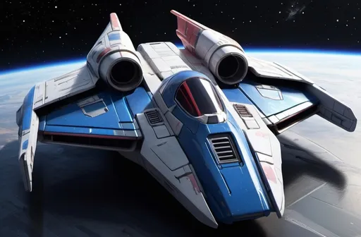 Prompt: (Subaru-inspired Star Wars spacecraft), (snubfighter for rebels or New Republic), large rear wings resembling spoilers, sleek and aerodynamic design, vibrant blue and sakura red tones inspired by WRX STI, futuristic cockpit, space backdrop with distant stars, focused details on wings and contours, high quality, ultra-detailed, dynamic and adventurous atmosphere, blending automotive elements with sci-fi aesthetics, front of fighter with Subaru hood scoop similar to A-wing of Rebel Alliance, looks sleek and quick