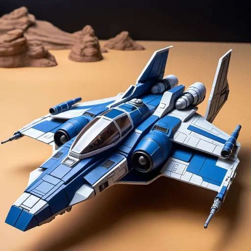 Prompt: (Subaru-inspired Star Wars spacecraft), (snubfighter for rebels or New Republic), large rear wings resembling spoilers, sleek and aerodynamic design, vibrant blue tones inspired by WRX, futuristic cockpit, space backdrop with distant stars, focused details on wings and contours, high quality, ultra-detailed, dynamic and adventurous atmosphere, blending automotive elements with sci-fi aesthetics.