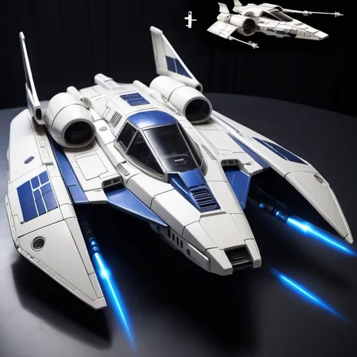 Prompt: (Subaru-inspired Star Wars spacecraft), (snubfighter for rebels or New Republic), large rear wings resembling spoilers, sleek and aerodynamic design, vibrant blue tones inspired by WRX, futuristic cockpit, space backdrop with distant stars, focused details on wings and contours, high quality, ultra-detailed, dynamic and adventurous atmosphere, blending automotive elements with sci-fi aesthetics, front of fighter with Subaru hood scoop similar to A-wing of Rebel Alliance, looks sleek and quick